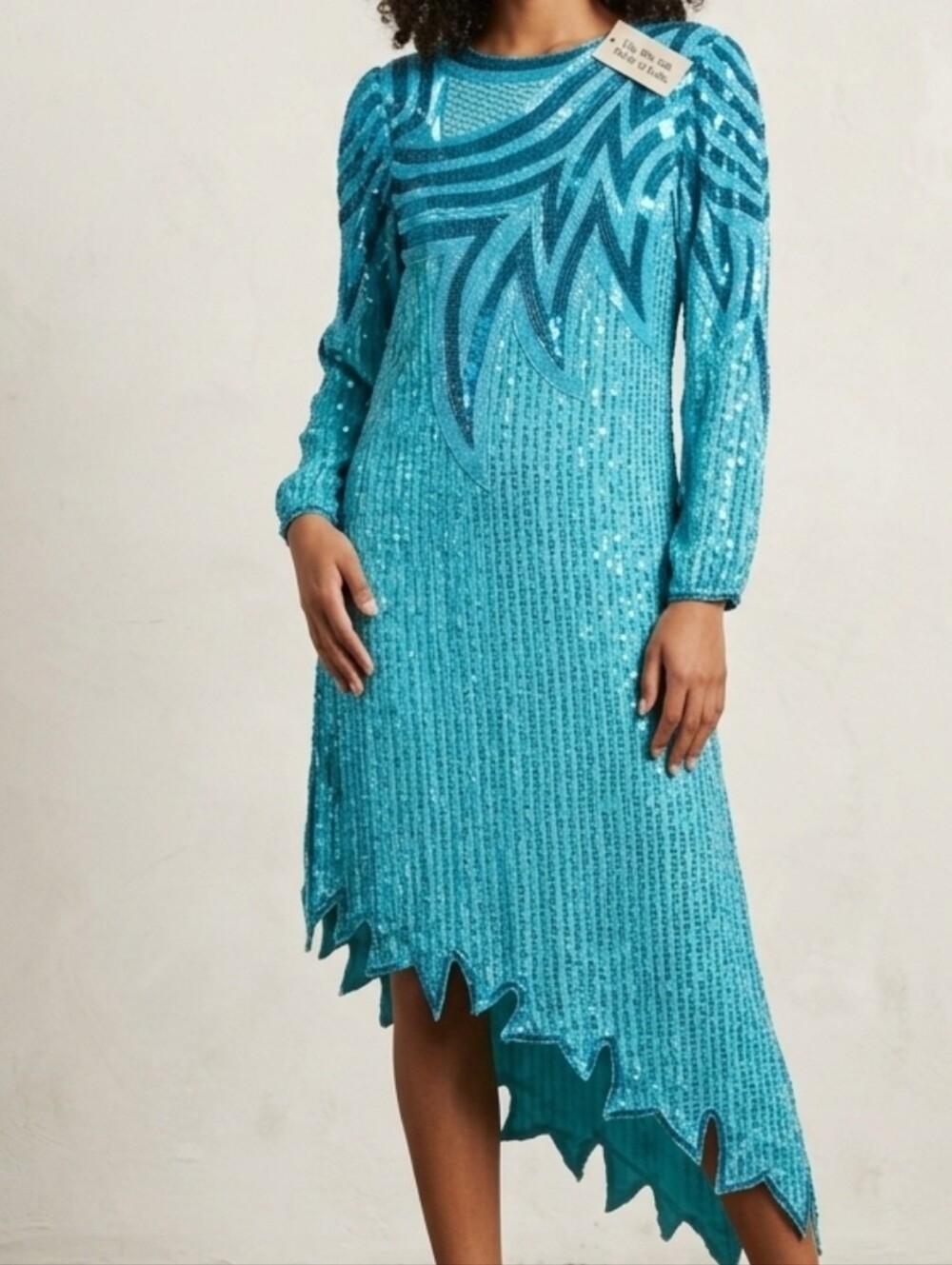 100% Silk Turquoise Sequin Sharkbite Hem Tunic Dress Made in India